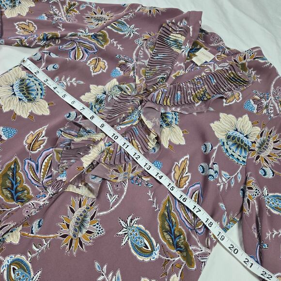 Chicos Top Blouse Mauve Paisley Floral 1 Med Purple Blue Jacobean Bouquet Ruffle - Picture 11 of 12